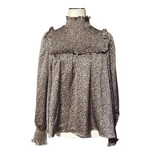 Glamorous Womens Smocked High Neck Leopard Print Ruffle Blouse Black Cream NWT